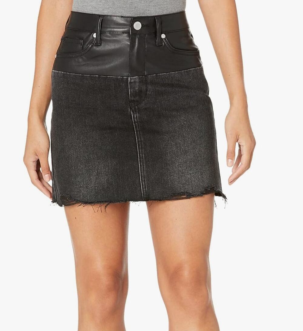 NWT: BLANKNYC - Women's Black, Denim & Faux Leather, High Rise, Mini Skirt - 25"